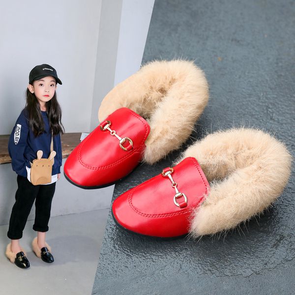 

kids winter warm boys girls fashion shoe black red fur flat slip on non-slip kids shoes light leather new loafer shoes, Black;grey