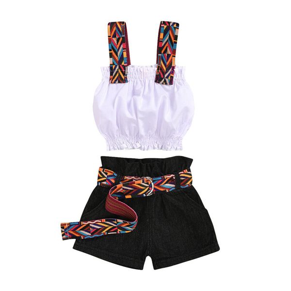 

toddler baby ruffle bohemia pleated suspenders crop + denim shorts jeans pant with colorful belt girls summer outfits set, White