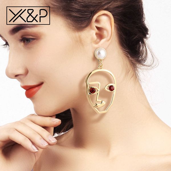 

x&p fashion gold face drop earrings for women female statement punk geometry hollow long metal dangle hanging earring jewelry, Silver