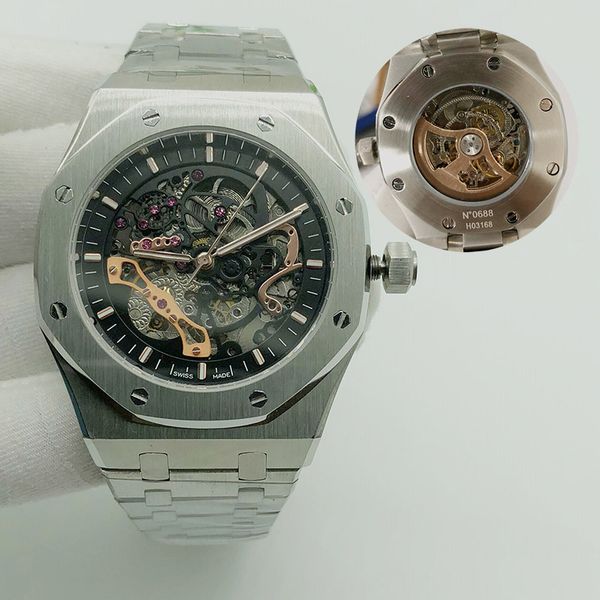 

2021men watch automatic mechanical hollow watches classic style 42mm full stainless steel strap 5 atm waterproof sapphire super luminous, Slivery;brown