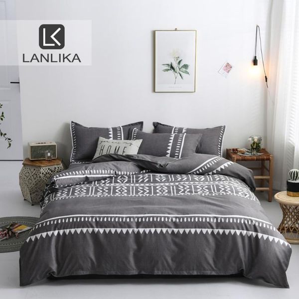 Lanlika Bedding Set Striped Gray Bedspread Duvet Cover Flat Sheet