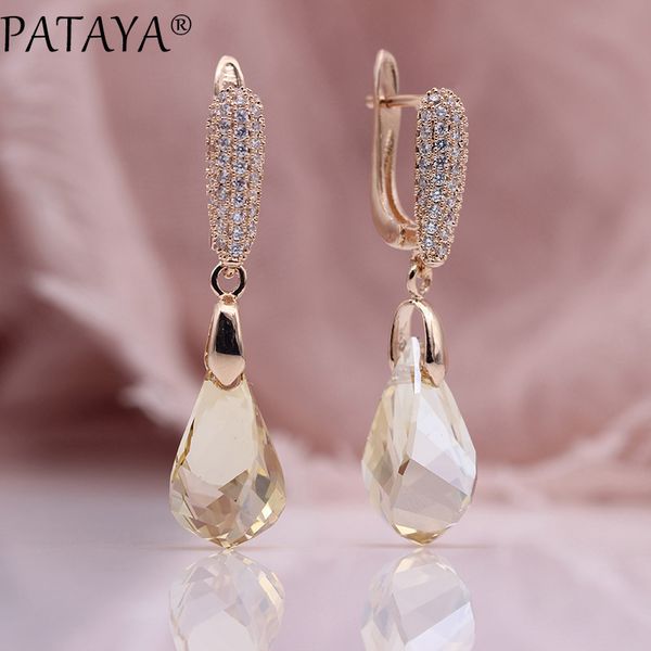 

pataya new irregular champagne austria crystal earrings women luxury party jewelry 585 rose gold natural zircon dangle earrings, Silver