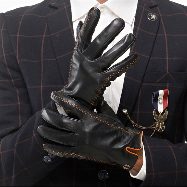 

fashion-genuine leather gloves men gloves autumn plus velvet warm black nappa sheepskin male mittens ing, Blue;gray