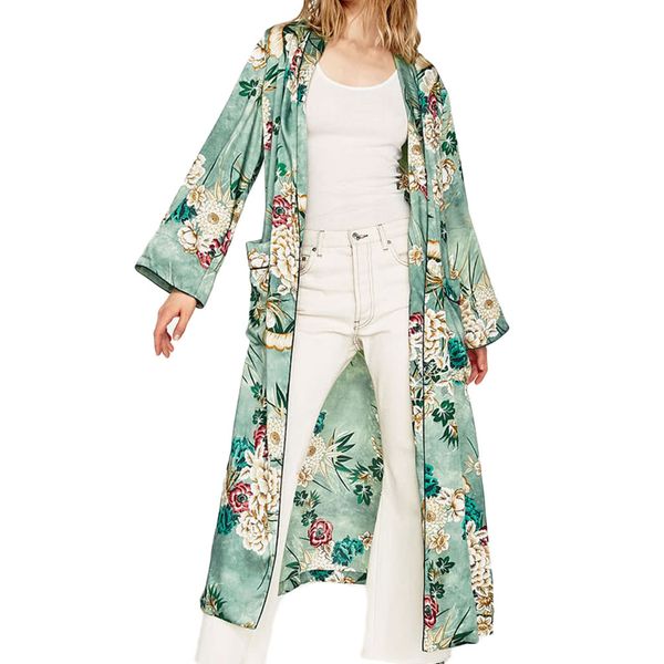 

vintage women retro floral print long kimono coat jacket long sleeve cardigan maxi shawl chal maxi cardigan de manga larga, Tan;black