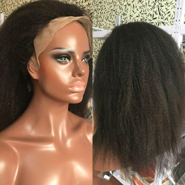 

150% coarse yaki peruvian remy glueless human hair lace front wigs for black women full 13x4 closure kinky straight natural wig, Black;brown