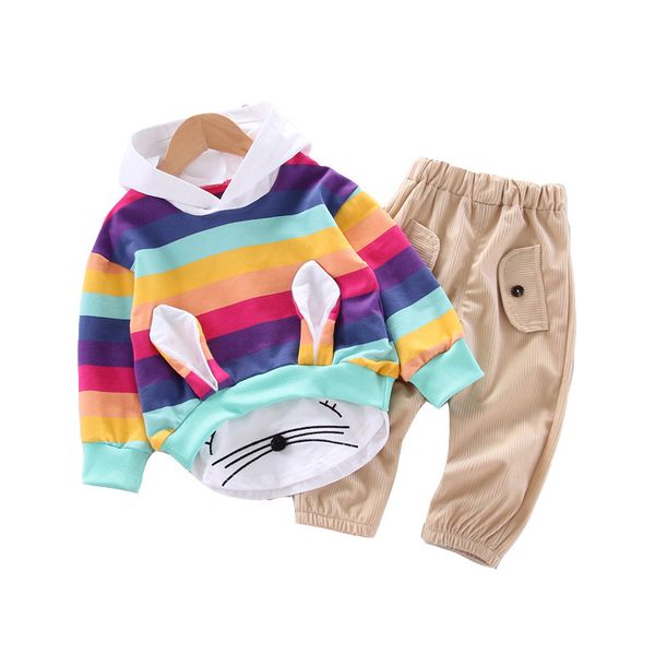 

new children cotton clothes spring autumn baby girl stripe cartoon hooded pants 2pcs/sets infant kids fashion toddler tracksuits, White