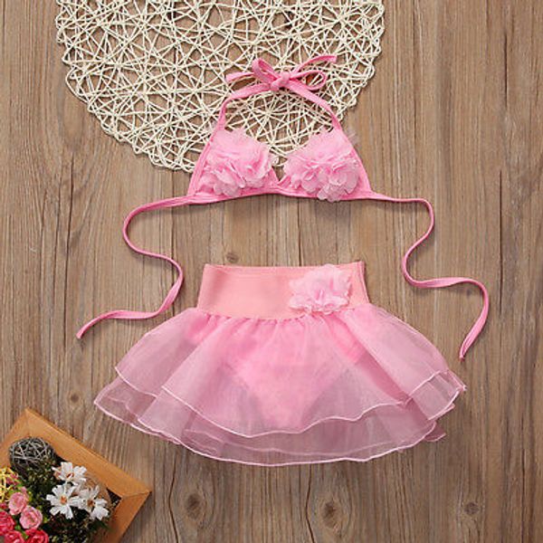 

2pcs baby set toddler kids baby girls clothes belt pink floral v neck tankini bikini+lace mini undearwear bathing suit beachwear, White