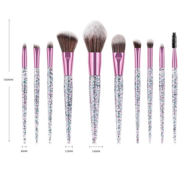

pro 10pcs makeup brushes set glitter crystal handle soft nylon head for eye shadow eyebrow blush cosmetics with opp bag dhl make-up tools