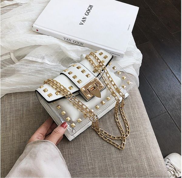 

small clear brand designer bags new fashion messenger bag chains shoulder bag female rivets transparent square pu handbag #181