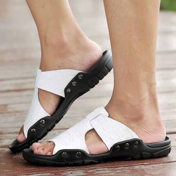 

sandals big size 45-52 mens summer split leather white mans footwear slip-on cozy rubber sole beach shoes for men fashion, Black