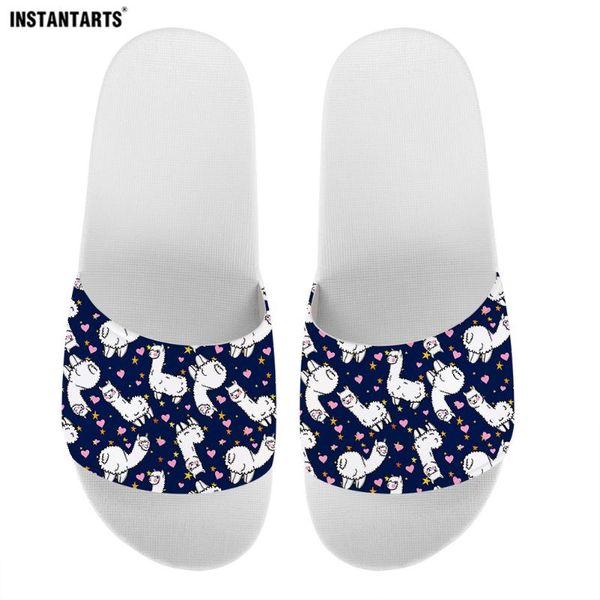 

instantarts summer female sliders sandals cute cartoon alpaca printed bedroom indoor slippers teenager pool anti-slip flip flops, Black