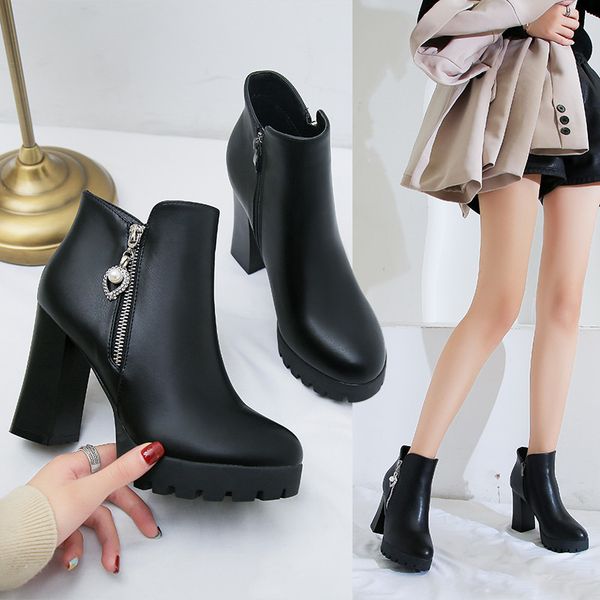 

boots women new 2019 rock shoes woman round toe winter footwear zipper booties ladies rubber 2020 lolita black ankle high heel
