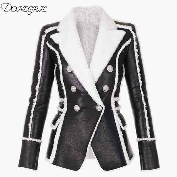 

stylish designer jacket women's double breasted lion buttons faux fur leather blazer coat, Black
