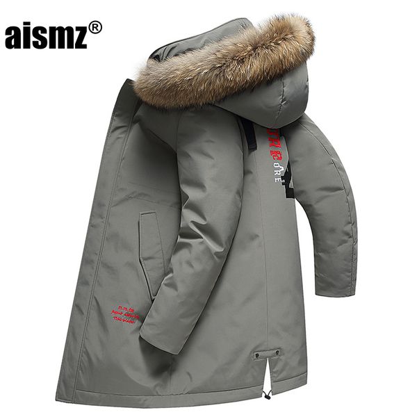 

aismz russia canada winter 90% white duck long down jacket parkas men raccoon fur hooded windproof waterproof coat man overcoat, Black