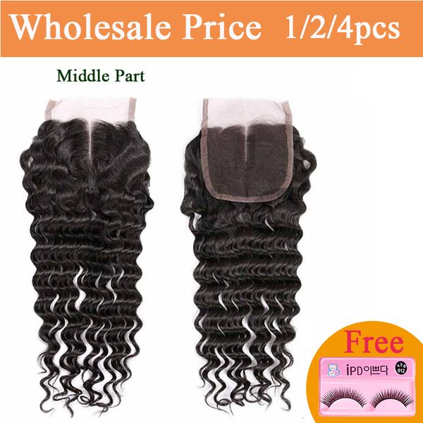 

бразильская глубокая волна 4x4 кружева закрытие бесплатно / средняя часть 130% плотность натуральный черный цвет малайзийский индийский реми, Black