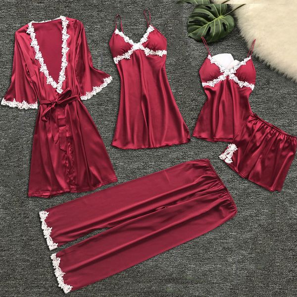 

womens 5pc robe&gown sets strap pants suit pajamas underwear babydoll sleepwear sets homewear nightwear robe bath gown dress, Black;red