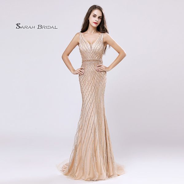 

champagne crystal mermaid beading prom party dress 2019 elegant beading vestidos de festa evening wear formal occasion gown lx495, Black