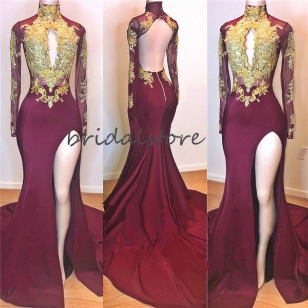 

vintage wine mermaid evening dresses with gold appliques high neck keyhole front long sleeve prom dresses open back formal party gowns slits, Black;red