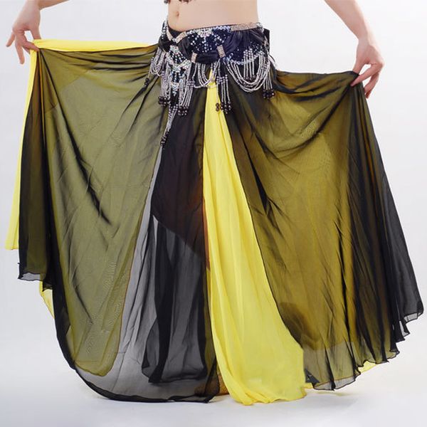 

new belly dance skirt dance skirt double color misalignment new senior satin split slit, Black;red
