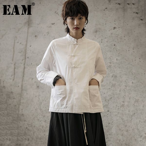 

women's blouses & shirts [eam] women black temperament blouse stand collar long sleeve loose fit shirt fashion tide spring autumn 2021, White
