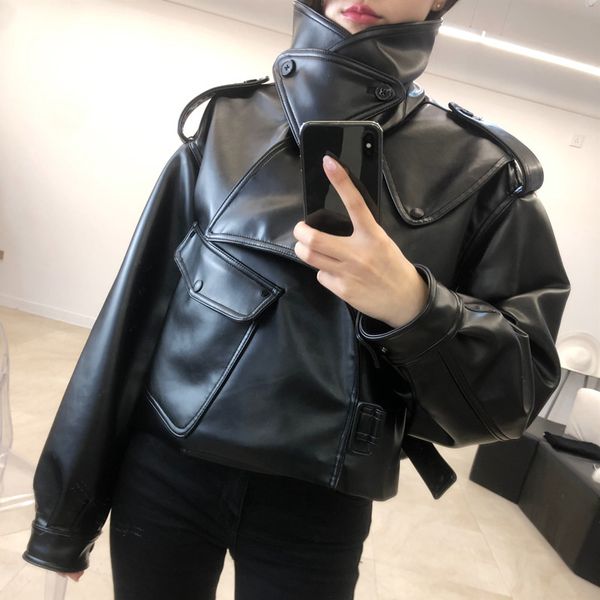

faux leather jacket women short oversize loose motor biker pu jacket autumn long sleeve punk streetwear cropped coat outwear, Black