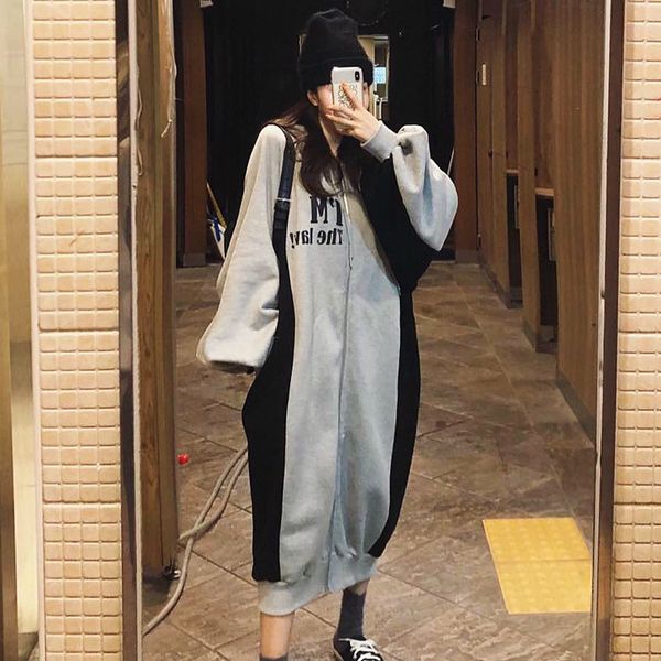 

fashion hooded zipper long hoodies women thickening zip up outerwear for autumn and winter, Black