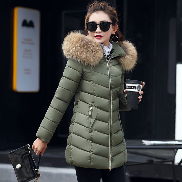 

winter korean-style new women cotton-padded clothes women mid-length slim fit cotton-padded jacket large fur collar down jacket, Black