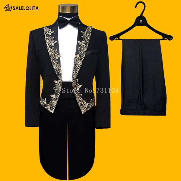 

bridegroom wedding gold embroidered men trumpet black suits male singer compere slim performance party prom costumes plus size, White;black