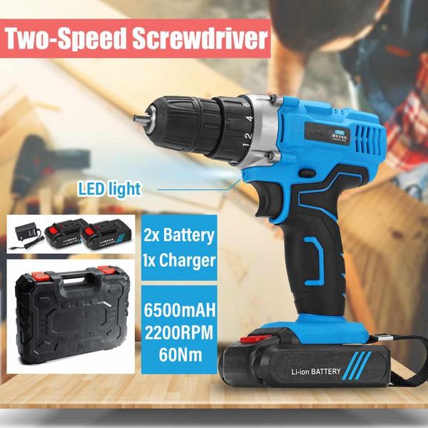 

21v 6500mah 2-speed 2200rpm electric screwdriver kit 2 li-ion batteries rechargeable led electric cordless drill power tool 10mm
