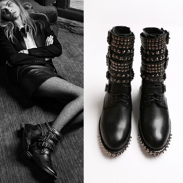 

full grain leather spikes stud boots for women punk style new brand designer ladies martin boot
