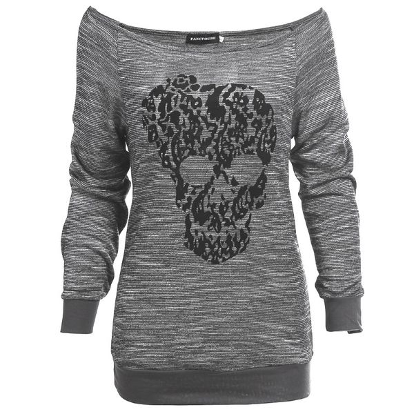 

fashion skull point women sweatshirts round collar off the shoulder female long sleeve solid dark grey sweatshirt, Black
