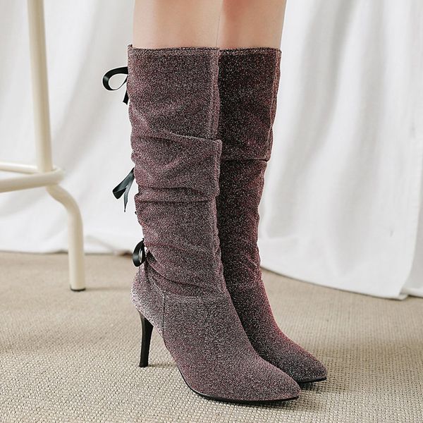 

new ladies women boots women's sweet high heeled shoes pointed bow stiletto boots high-tude botines de mujer, Black
