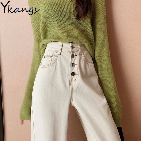 

pockets buttons mom high waist jeans women streetwear straight jean femme white 100% cotton cargo pants wide leg pants students, Blue