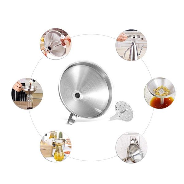 

stainless steel 5 piece kitchen strainer funnel set, stainless steel funnel filter set with handle & detachable strainer for tra
