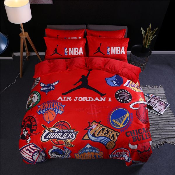 Red Sport Brand Bedding Sets Doodle Basketball Team Logo Bedding