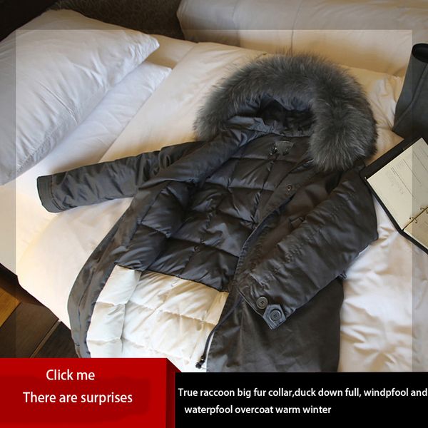 

down jacket female long true oversize raccoon fur collar warm parkas women white duck down coats winter clothing parker thicken, Black