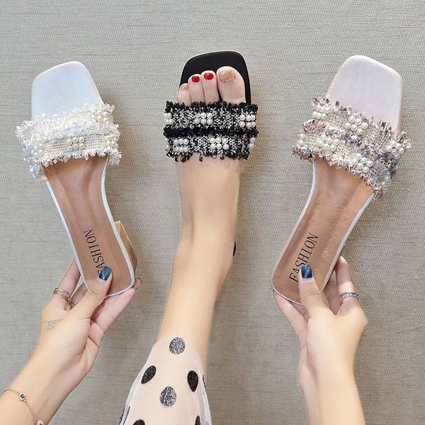 

dress shoes 2021 fashion woman sandals summer gladiator beach beading square wooden block heels mule slippers size 35-39, Black