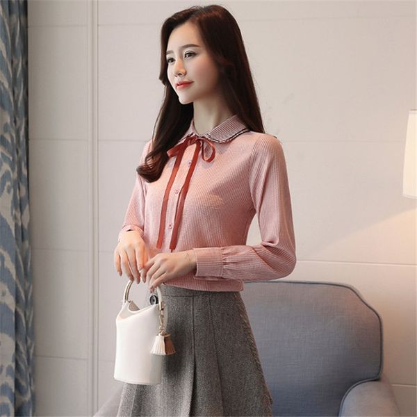 

fashion female blouses shirts office chiffon blouse shirts korea spring stripe bow tie single breasted women blusas shirt, White