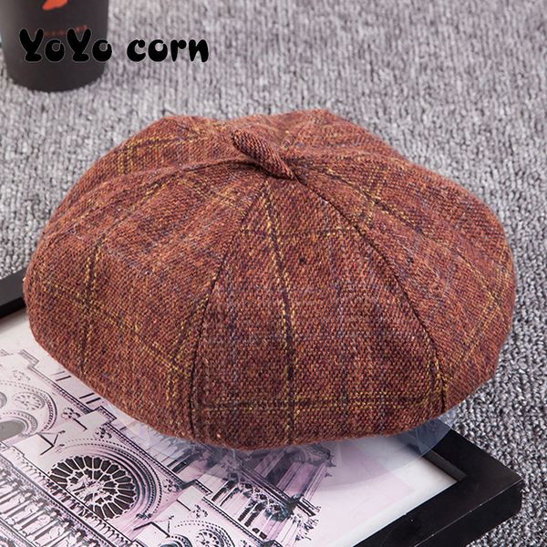 

yoyocorn thickened and velvet plaid beret ladies autumn and winter japanese wild soft girl retro british octagonal hat, Blue;gray