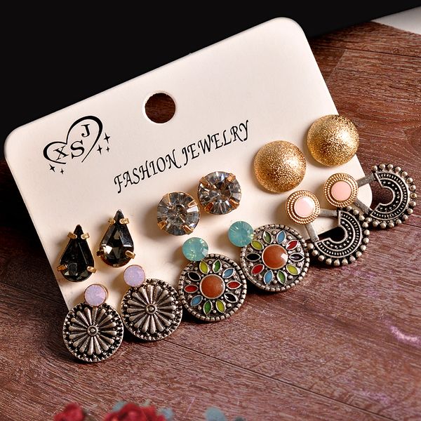 

new fashion women's jewelry wholesale girls' party bohemian style stud earrings mix and match 6 pairs /set earrings gift, Golden;silver