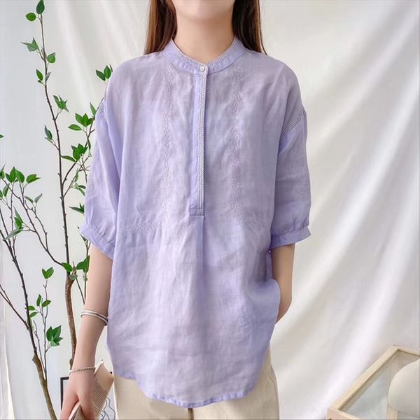 

2020 fresh and sweet all-match solid color embroidered round collar women's shirt short sleeve 4330, White