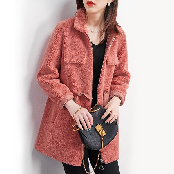 

real fur coat wool jacket autumn winter coat women clothes 2019 streetwear korean vintage suede lining sheep shearling 3295, Black