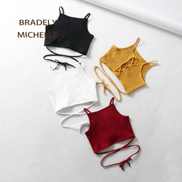 

women's tanks & camis bradely michelle summer women crop sleeveless solid hollow out cross knot knitted, White