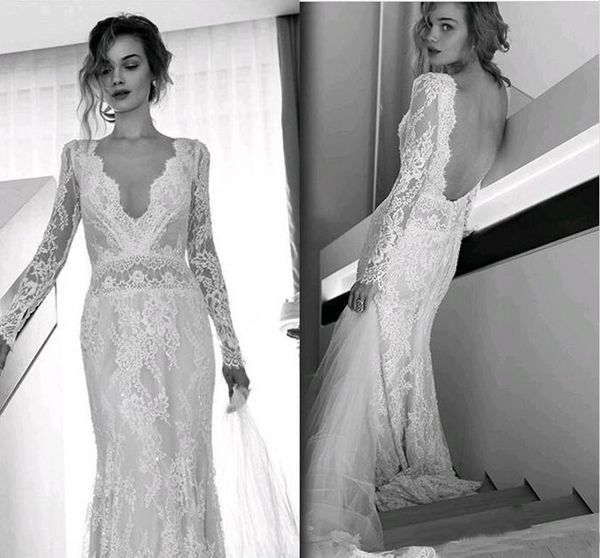 Lihi Hod Bohemian Praia Vestidos De Casamento Cheia Do Laço Mangas Compridas Sexy V Pescoço Sweep Train Bridal Gowns Custom Made Aberto Para trás 2018 vestido de noiva