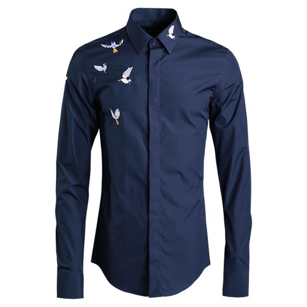 

minglu men shirt luxury white black navy colored bird embroidered men shirt long sleeve trend mens shirts casual slim fit 4xl