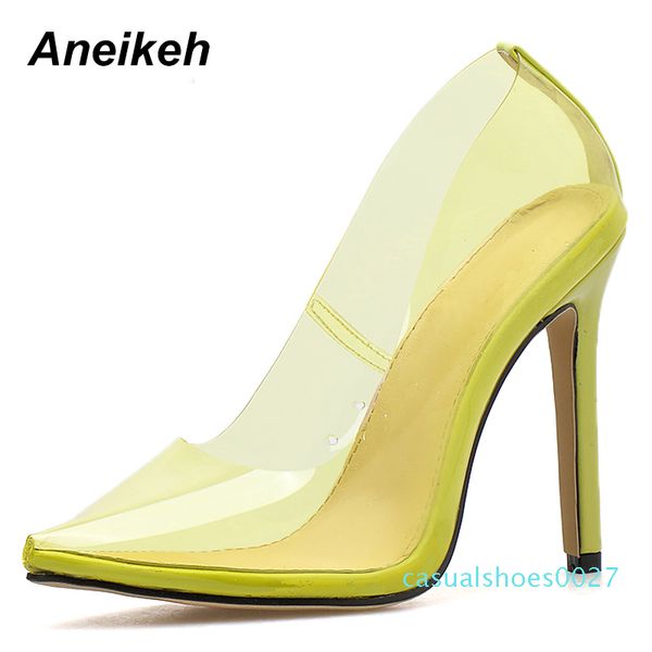 

aneikeh 2019 summer new pvc candy color high heels transparent shallow mouth pointed stiletto high heel shoes pink yellow, Black