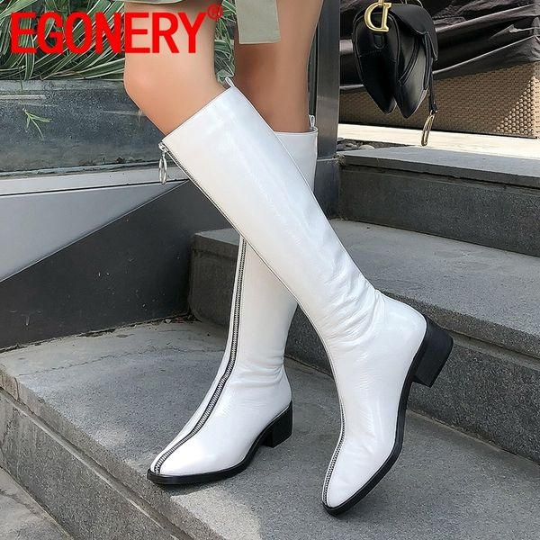 

egonery shoes woman autumn winter new fashion square toe patent leather knee high boots outside mid heels front zip ladies shoes, Black