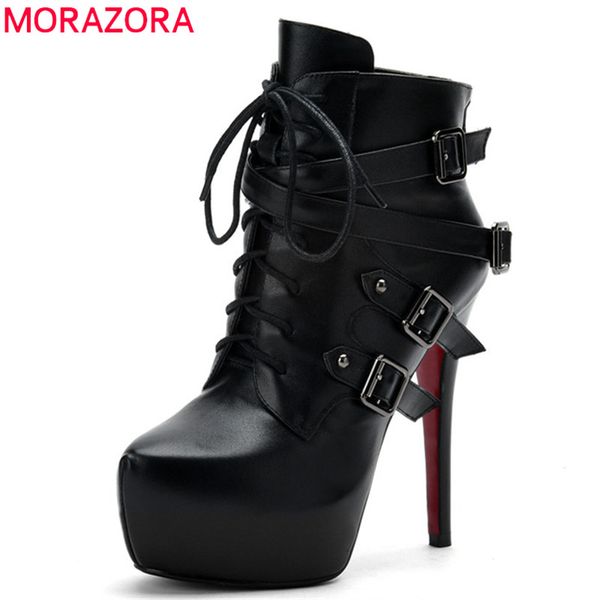 

morazora 2020 new fashion high heels platform boots women genuine leather shoes buckle zip punk ankle boots for women, Black