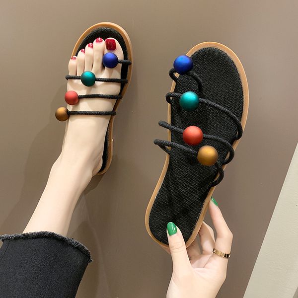 

slippers female 2019 summer new korean fashion wild color matching toe lazy slippers, Black