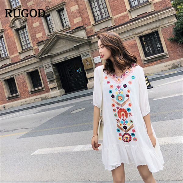 

rugod fashion half-sleeve ethnic maxi dress for women v-neck floral embroidery spring summer knee-length party dress vestidos fe, Black;gray